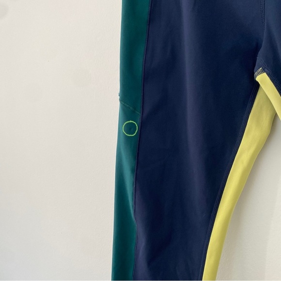 Sweaty Betty Power Block High Waist 7/8 Leggings Navy Blue Neon Yellow size 14 - Picture 10 of 12